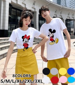 Disney ミッキーマウス 半袖Tシャツ プリント キャラTシャツ ディズニー ミニーマウストップス ペアルック カップル 恋人 ユニセックス 