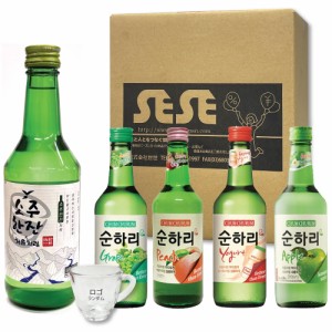 韓国焼酎 飲み比べセット 360ml×5本 チョウムチョロム、マスカット、りんご、もも、ヨーグルト、ミニハンドル焼酎ガラス ・スナリ セッ
