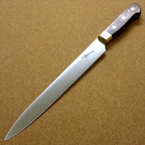 関の刃物 ハム切りナイフ 23cm (230mm) 8Aステンレス鋼 真鍮口金付き ローズウッドハンドル ハムなどスライスする細めで刃渡りの長い両刃