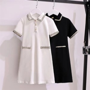 韓国服 キッズ 半袖 ポロワンピ polo ワンピース 女の子 運動着 夏着 キッズ 姉妹 夏ワンピ Tシャツワンピ 半袖 シンプル 白 黒 可愛い 1