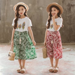 韓国子供服 女の子 セットアップ 夏 キッズ ジュニア 上下セット 半袖 Tシャツ パンツ 2点セット 花柄 可愛い 通学着 通園 110 -160cm 