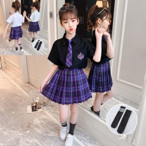 子供服 女の子 JK制服上下セットフォーマル 半袖 黒 白シャツ＋プリーツスカート 卒業式 入学式 普段着 スクール セーラー風 新作