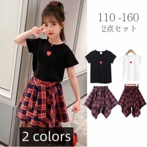 子ども服 セットアップ キッズ 女の子 半袖 夏 子供服 上下セット Tシャツ スカート チェック柄 おしゃれ 110 120 130 140 150 160 夏新