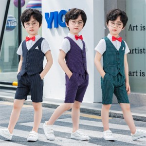 子供服 男の子 夏フォーマルスーツ キッズスーツ 子供服 ベビー服 半袖 半ズボン上下5点セット おしゃれ 七五三 入学式 卒業式 結婚式 