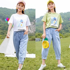 子供服 女の子 春夏服 セットアップ 半袖Tシャツ デニムパンツ  運動着 通園 通学 学生 110-160 夏新作