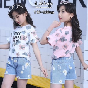 子供服 女の子 セットアップ 夏服 半袖ｔシャツ デニムショートパンツ 2点セット おしゃれ 韓国子ども服 キッズ 小学生 通学 お出かけ 夏