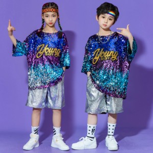 スパンコール 衣装 派手  キッズダンス衣装 ヒップホップ 男の子 女の子  HIPHOP 夏 ジャズダンス ステージ衣装 jazz 練習着 上下セット 