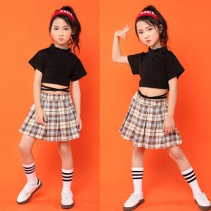 ダンス衣装 ヒップホップ半袖 チェック柄 スカートセット ガールズ キッズチア 上下 チアガール 女の子 ダンス 衣装 半袖 演出服 応援団 