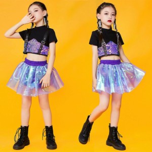 キッズ ダンス 衣装 キッズ チアガール ヒップホップ ヘソ出し  セットアップ 女の子 スカートセット 2点セット 舞台服