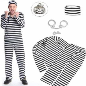 囚人服 ハロウィン コスチューム 囚人 仮装 コスプレ 手錠 セット メンズ 白黒 ボーダー 長袖 送料無料