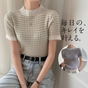 ニット 半袖 トップス プチハイネック レディース Tシャツ リブ ブルーオーバー 薄手 インナー 春 夏 着痩せ シンプル おし