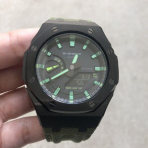 G-shock カシオーク カスタマイズ GA-2100-1A3 メタリックグリーン　ステンレスケース　ナイロンストラップ　