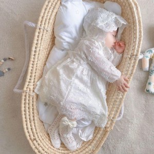 セレモニードレス ロンパース カバーオール 長袖 帽子付き 2点セット 子供服 ベビー 赤ちゃん 新生児 長袖 刺繍 レース ワンピース かわ