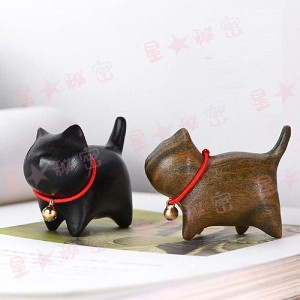 神話広場 猫 ネコ 置物 オブジェ 檀木 木製 縁起物 正月 節分 和風 茶色 黒 2個 セット