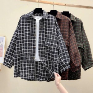 チェックシャツ レディース 春秋 秋冬 長袖シャツ グレンチェック ビッグシルエット 秋服 ゆったり トップス 体型カバー オシャレ チェッ