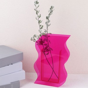 アクリル花瓶 美しい部屋の装飾用 不規則な曲線の波 プラスチック装飾花瓶 寝室/リビングルームのテーブル用 ピンクウェーブ