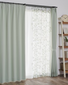 遮光カーテン 2級遮光 カーテン すぐに使える1窓セット SVグローブ グリーン 100x178cm 4枚セット (ドレープカーテン＋レースカーテン)  