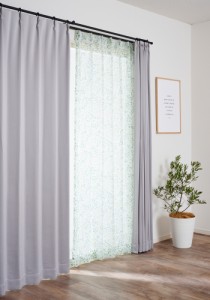 遮光カーテン 2級遮光 カーテン すぐに使える1窓セット GLグラス グリーン 100x135cm 4枚セット (ドレープカーテン ライトグレー＋レース