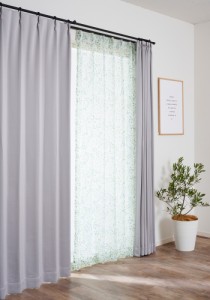 遮光カーテン 2級遮光 カーテン すぐに使える1窓セット GLグラス グリーン 100x178cm 4枚セット (ドレープカーテン ライトグレー＋レース