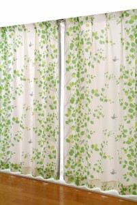 カーテン 非遮光 ティンバー 小鳥と木立柄 グリーン 100x135cm 2枚組  クレアール [非遮光カーテン ドレープカーテン リーフ柄 植物柄 葉