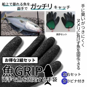 魚用 手袋 両手 滑り 防止 フィッシュ グローブ 2セット 着脱 簡単 カラビナ ロータイプ 魚 グリップ 臭い 釣り 捌く 魚釣り フィッシン