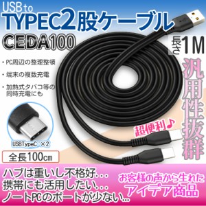 USBケーブル type-c USB タイプC 2股 ケーブル 1m type-cケーブル 二股 同時 充電 延長 増設 分配 スマホ タブレット iPad 電子タバコ バ