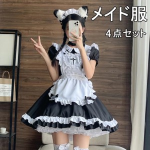 【S-5XL】メイド服 コスプレ 猫耳 ロリータ 可愛い ワンピース+カチューシャ+エプロン+首元飾り 4点セット ブラック 可愛い 萌え ネコ耳