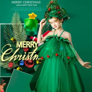 クリスマス コスチューム 女の子 緑クリスマスツリー 衣装 仮装 変装 子供用 ワンピース 帽子 2点セット