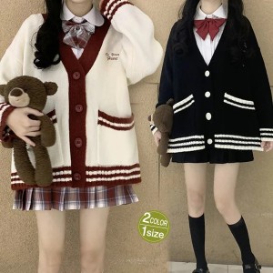 スクールカーディガン 女子高生 JK制服 ニットカーディガン レディース 秋服 配色 ボタン付き 前開き 学生 厚手 ポケット 無地 Vネック 