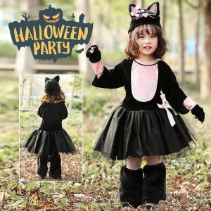 ハロウィン 衣装 子供 コスプレ 子供用 黒猫 女の子 猫女に変身 コスチューム ハロウィン仮装 猫 可愛い かわいい 衣装 こども ワンピー