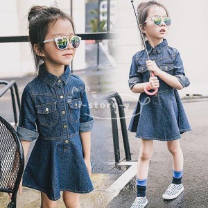 子供服 女の子 ワンピース 長袖 ♪デニムワンピース 襟付き 韓国子供服 ジュニア キッズ dress スーツワンピース 通学着/通園着 フォーマ