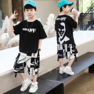 韓国子供服 キッズダンス衣装 夏 HIPHOP ヒップホップ 派手 チアガール ステージ衣装 ダンスウェア 男の子 上下2点セット 迷彩ショーツ