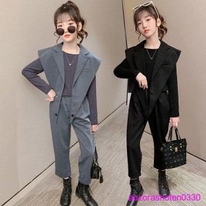 子供服 セットアップ キッズ 女の子 長袖 秋 3点セット トップス Tシャツ ベスト ロングパンツ 長ズボン 韓国子供服 ジュニア おしゃれ 