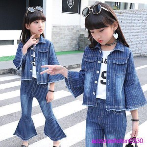 子供服 セットアップ キッズ 女の子 春秋 長袖 2点セット デニムジャケット アウター デニムパンツ ロングパンツ ジュニア おしゃれ 可愛