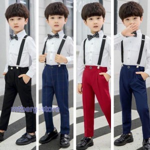 4点セット 韓国子供服 フォーマル 男の子 子供スーツ キッズ ジュニア 長袖 ワイシャツ パンツ サスペンダー フォーマルスーツ サロペッ