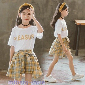 子供服 セットアップ 夏 韓国子供服 女の子 ジュニア キッズ 上下セット 2点セット 半袖 Tシャツ ミニスカート チェック柄 可愛い おしゃ