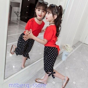 子供服 セットアップ 女の子 韓国子供服 キッズ ジュニア 夏 上下セット 2点セット 半袖 Tシャツ 無地 ショートパンツ ドット柄 可愛い 