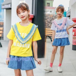 子供服 女の子 夏服 セットアップ 上下セット 半袖 tシャツ スカート 韓国子供服 キッズ ジュニア ベビー服 おしゃれ 可愛い 新品 160 15