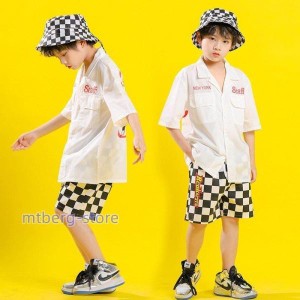 キッズダンス衣装 ヒップホップ HIPHOP ダンス衣装 チェック柄 シャツ チェックパンツ ハーフパンツ 子供服 ステージ衣装 練習着 ダンス