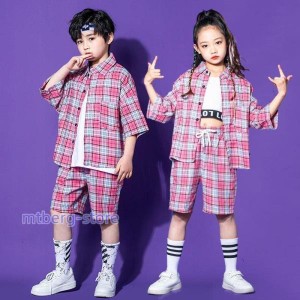 キッズ ダンス衣装 ヒップホップ 子供服 HIPHOP ズボン 半袖 セット 男の子 女の子 ジャズダンス 発表会 練習着 ステージ衣装 チェック柄