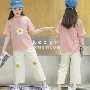 子供服 女の子 夏服 セットアップ キッズ 半袖 トップス tシャツ 花柄 ガウチョパンツ パンツ ズボン 韓国子供服 ジュニア ベビー服 おし