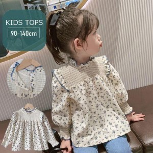 ブラウス 長袖 キッズ 子供服 女の子 トップス プルオーバー シャーリング スタンドカラー 立襟 フリル 後ろボタン ベビー ジュニア 花柄