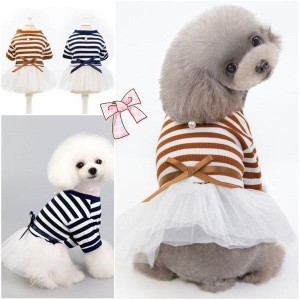 犬の服 ボーダー柄ワンピース　チュールスカート セレブ犬服 ゴージャス ペットグッズ ドッグウエア　ペット服　ワンちゃん服