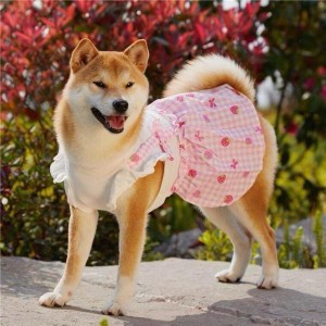 犬服 春 夏 ペットウェア ワンピース ペット用品 柴犬 中型犬 小型犬 ネコ ラウンドカラー スクエアカラー フレア ギャザー  苺 総柄 イ