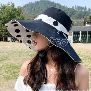 帽子 レディース つば広 ハット ドット柄 UV 大きいサイズ 紐付き 日よけ 折りたたみ 飛ばない 春 夏