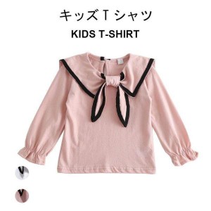 Tシャツ 女の子 長袖 白 無地 パーカー カットソー トレーナー キッズ ジュニア 秋 リボン 可愛い おしゃれ 女児 ゆったり 子供服