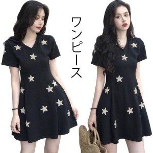 ワンピース レディース ミニワンピース ショートワンピース 半袖 カットソーワンピース Tシャツワンピース Vネック 星柄 ストレッチ 伸縮