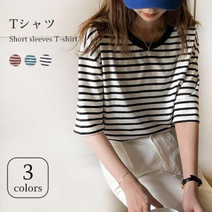 Tシャツ レディース カットソー ボーダー柄 柄Tシャツ 半袖 半袖Tシャツ ゆったり ストレッチ 伸縮性 トップス プルオーバー