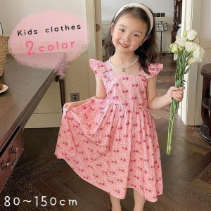 キャミソールワンピース サマーワンピース サマードレス キッズ ジュニア 子供服 子ども服 女の子 ノースリーブ 肩フリル スクエアネック