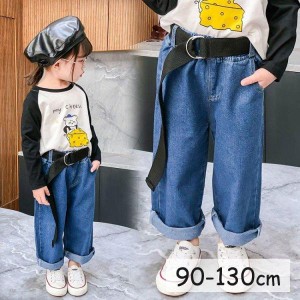 デニムパンツ ジーンズ デニム ボトムス キッズ 子供服 子ども 女の子 男の子 ロングパンツ 長ズボン ウエストゴム 無地 ベルト ウォッシ